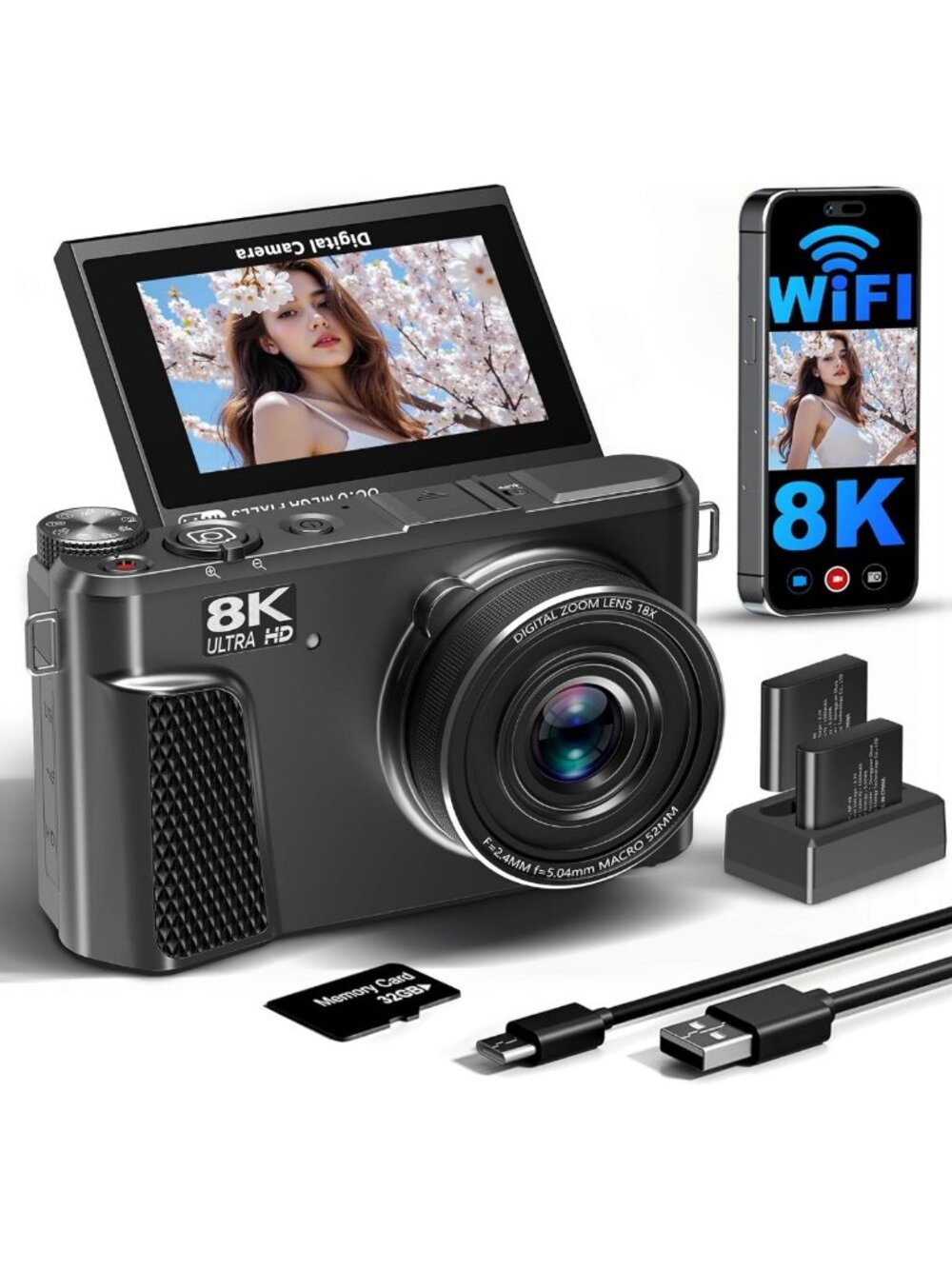 8K Digital Camera for Photography,88MP HD WiFi Vlogging Camera for YouTube